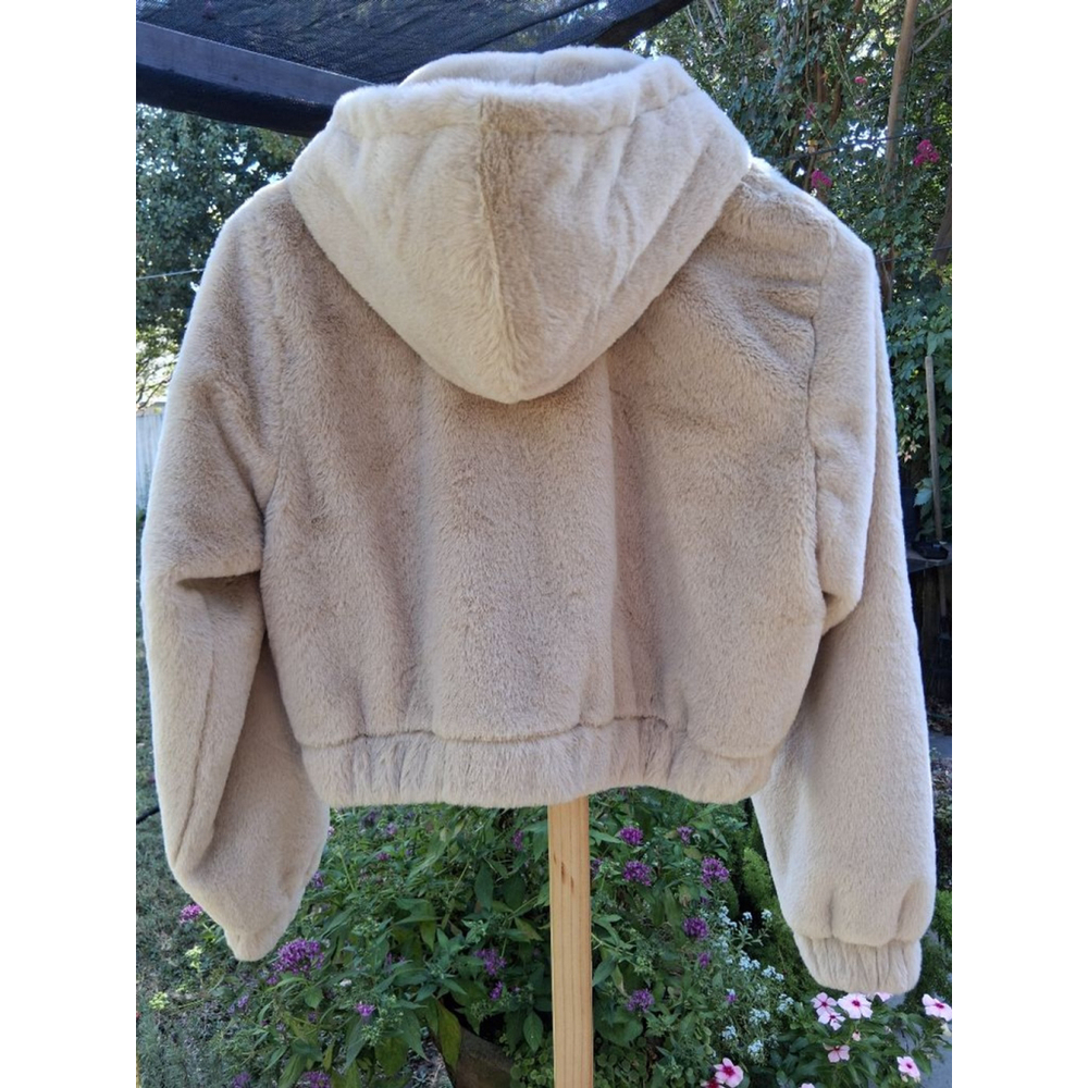 Love Tree Beige Faux Fur Hooded Teddy Jacket Size S Boho Cozy Trendy - Picture 5 of 13